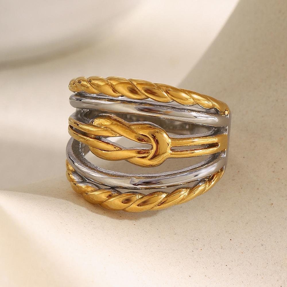 MamacitaSlay Unique Cool 316L Stainless Steel Two Tone Multi Layer Line Wide Ring Party Waterproof Jewelry Women's Charm Ring