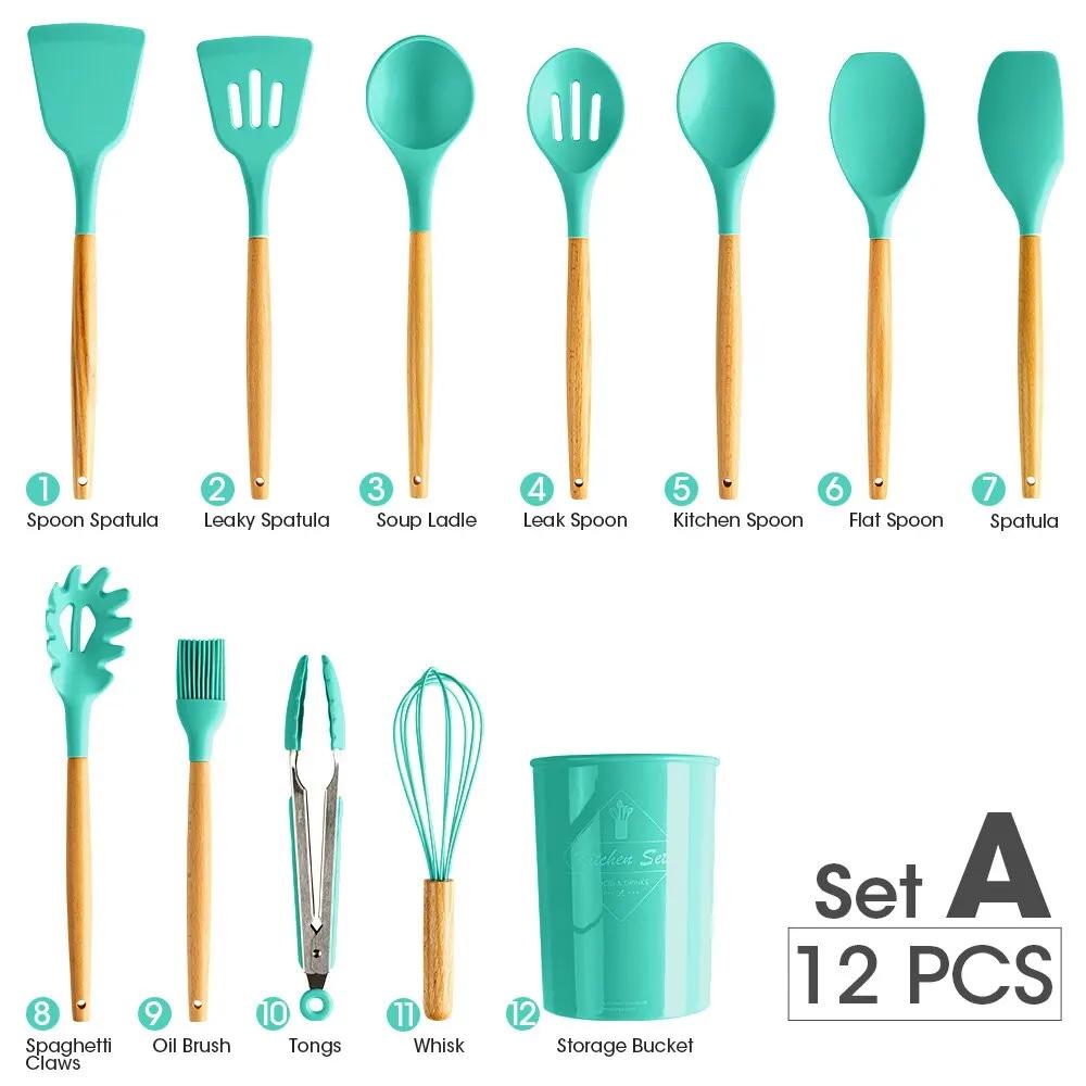 12Pcs Silicone Cooking Sets Spatula Shovel Soup Spoon Tongs Turner Cookware Wooden Handle Heat-Resistant Baking Utensils Set