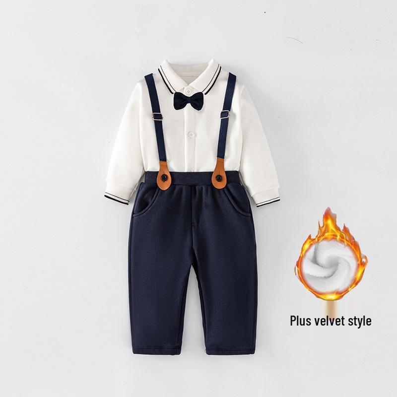Britská sada chlapeckých lacláčů: Dvoudílný formální oděv na jaro/podzim - Pánská košile s dlouhým rukávem pro 1 rok staré dítě