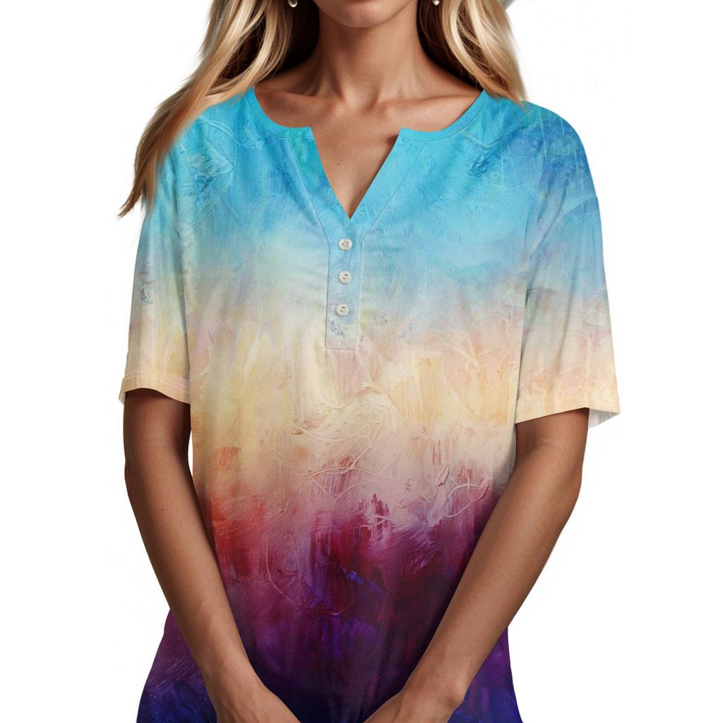 Women's T Shirt Tee Print Button Short Sleeve Daily Weekend Fashion Basic V, Neck Regular Top