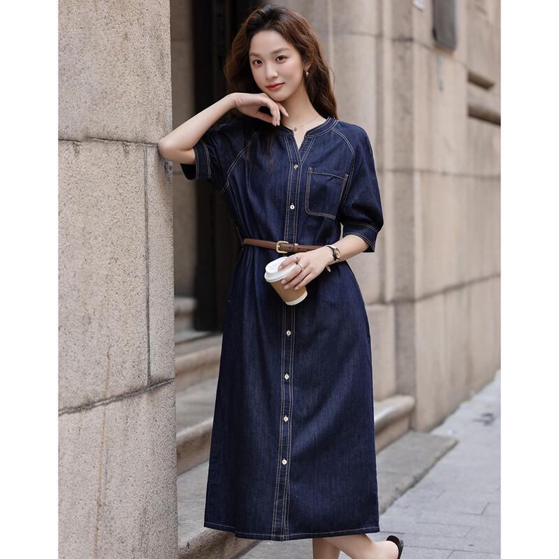Demana Cloud Cotton V-Neck Belted Denim Dress