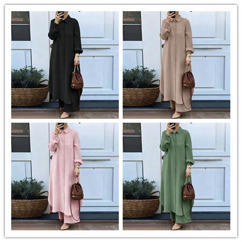 Women Solid Two Piece Outfit Lapel Long Shirt Maxi Blouse Wide Leg Pants Set Elegant Modest Muslim Abaya Suit Spring Daily Wear For Middle East Market