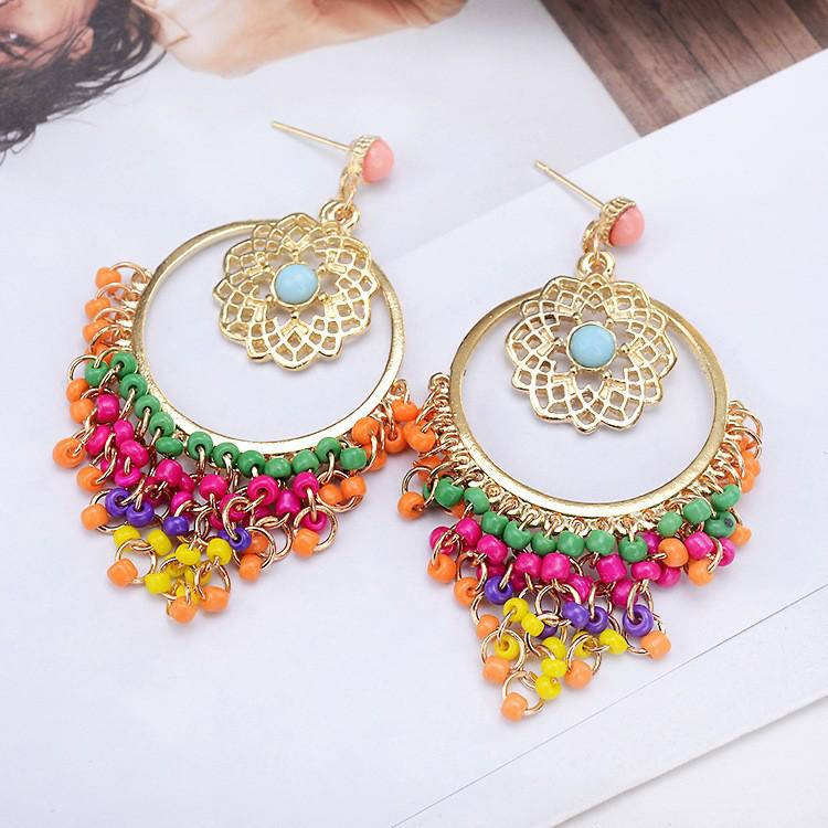Elegant Temperament Long Tassel Earrings with Colorful Seed Bead and Hollow Carved Ear Studs