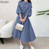 ZANZEA Women Casual Round Neck 3/4 Sleeve Loose Dress