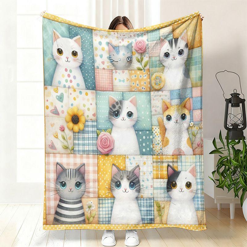 VIKAMA Patchwork Puppy Dog Flannel Throw Blanket Cute Dog Grid Collar Plaid Print Soft Warm Sofa Bedroom Home Decor
