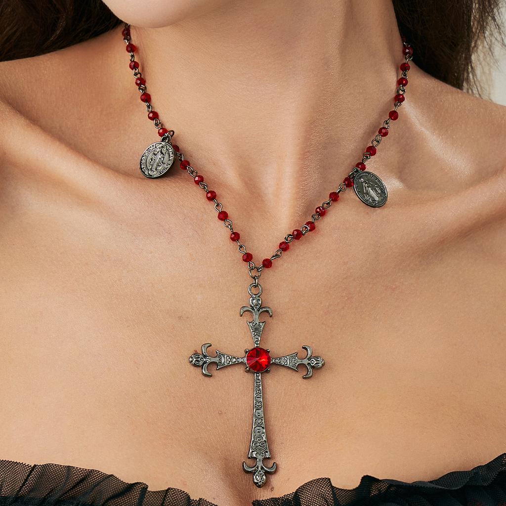 Dark Gothic Cross Tag Necklace, Halloween Imitation Crystal Chain Collarbone Necklace