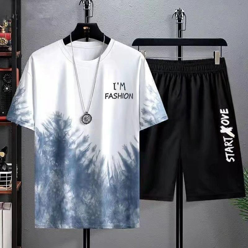 National Tide Clothing Men's Spring and Summer Thin Tie-dye Short-sleeved National Style Landscape Painting Round Neck Casual Suit