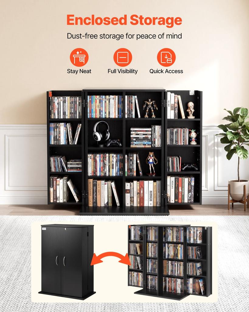 Media Storage Cabinet, 4-Tier DVD Shelf Organizer, 610 X 368 X 846 Mm Multimedia Storage Organizer for CDs, DVDs, Books, Games, CD Shelf for Living