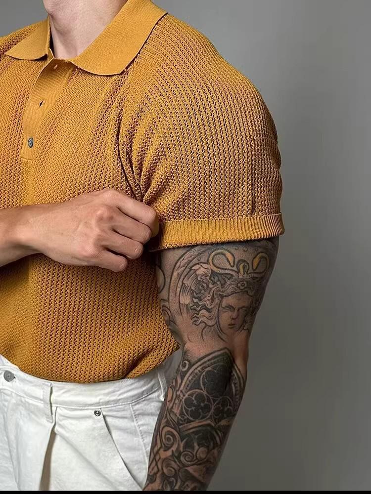Men's Summer Honeycomb Texture Knitted Polo Shirt with Turn-Down Collar - Breathable Casual Short Sleeve Top