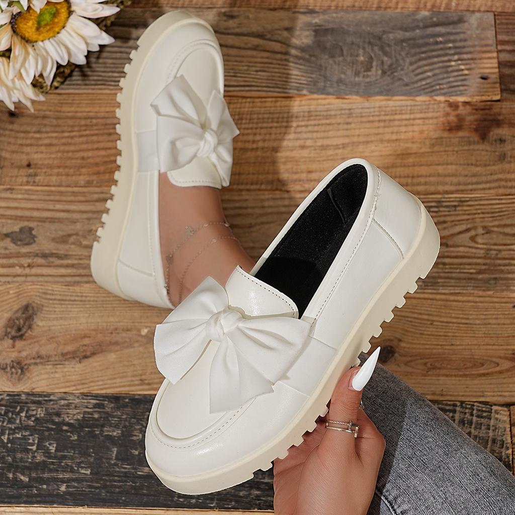 Bow Thick-soled Loafers for Women, 2025 Autumn New British-style Plus-size Muffins with A Foot of Small Leather Shoes