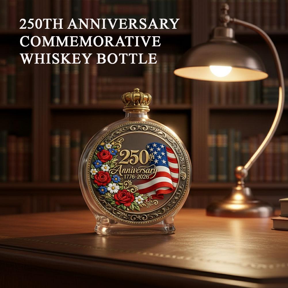 250th Anniversary Glass Decanter Bottle 3D Embossed USA Flag Floral 1776-2026 Liquor Bottle for Bourbon Scotch Fathers Day Gift