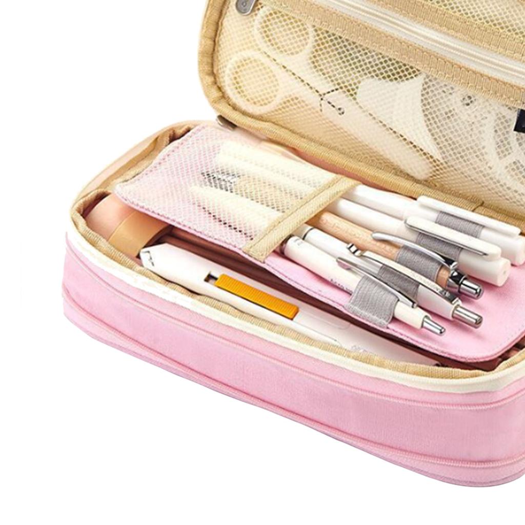 Pencil Bag 2 Tier Large Capacity Metal Zipper Mesh Pocket Portable Large Pencil Case for Students School Office Pink