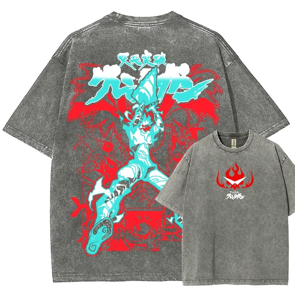 Футболка Tengen Toppa Gurren Lagann для мужчин одежда с графическим принтом короткий рукав винтажная с эффектом потертости мужская оверсайз хлопковая футболка XXL серый 1530₽