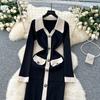 Women's French Retro Color Clashing Lapel Single-breasted Waist Temperament Split Knee-length Knit Dress