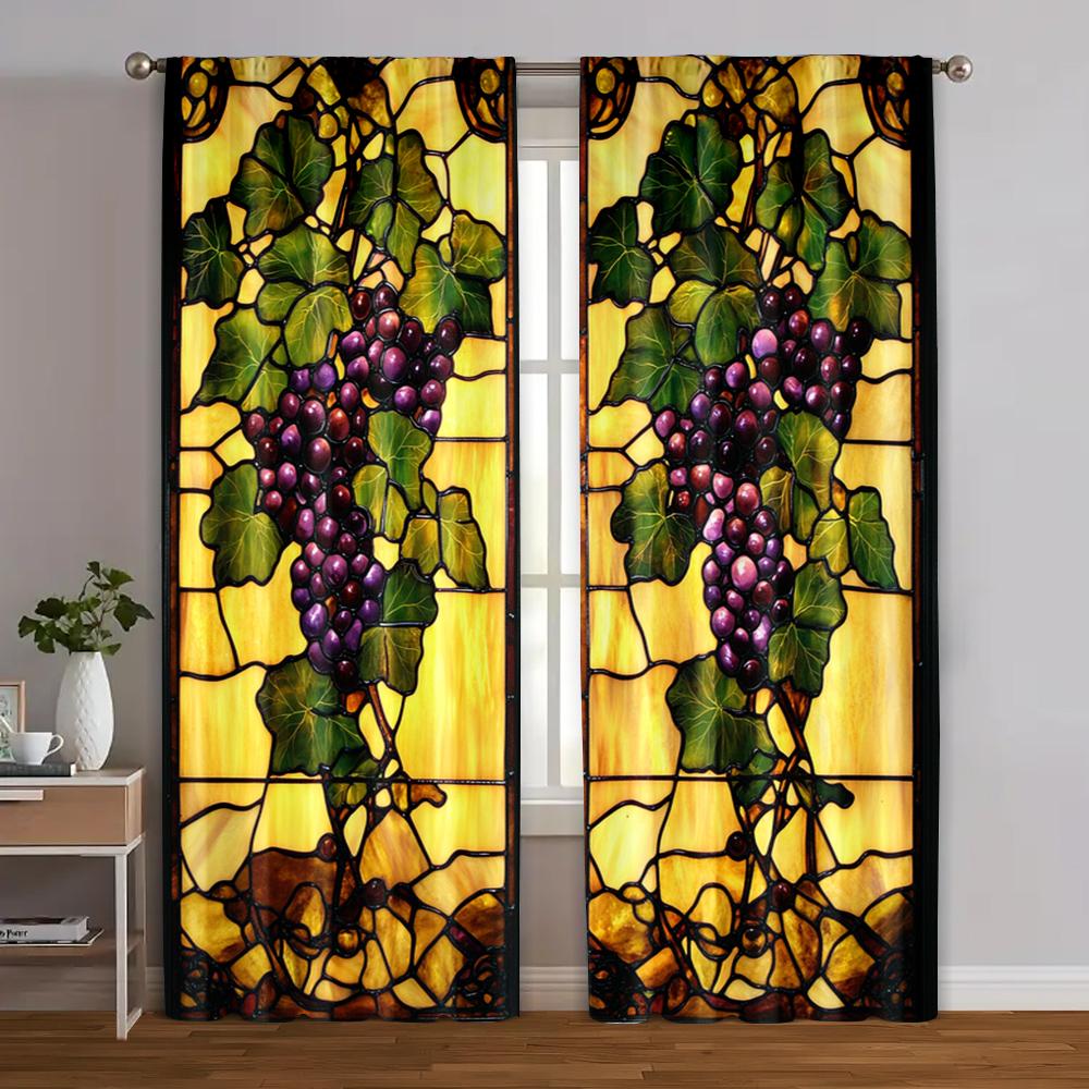 

2pcs Upscale Curtains Stained Glass Grapes Versatile Polyester Fabric (without rod) Stuff Clearance Perfect for Bedroom Living 100*130 Grommet Top 1pcs
