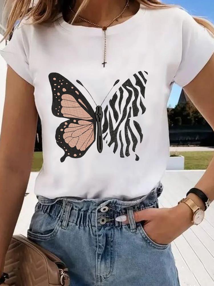 (Asian Size) leopard butterfly Clothing Graphic Tee Women's Top Print O-neck Fashion Female Casual T Short Sleeve T-shirts
