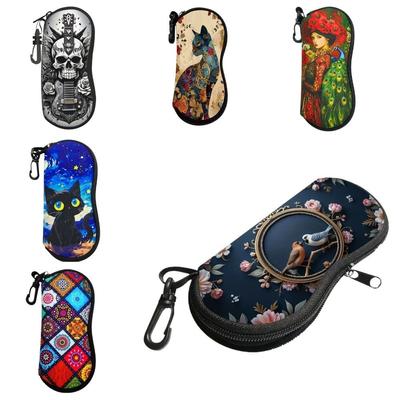 Creative Hanging Eyeglass Case Soft Leather Sunglasses Storage Bag Cute Print with Clip Reading Glass Pouch for Kids Women Men