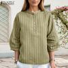 ZANZEA Women Casual Stand Collar Loose 3/4 Sleeve Stripe Blouse