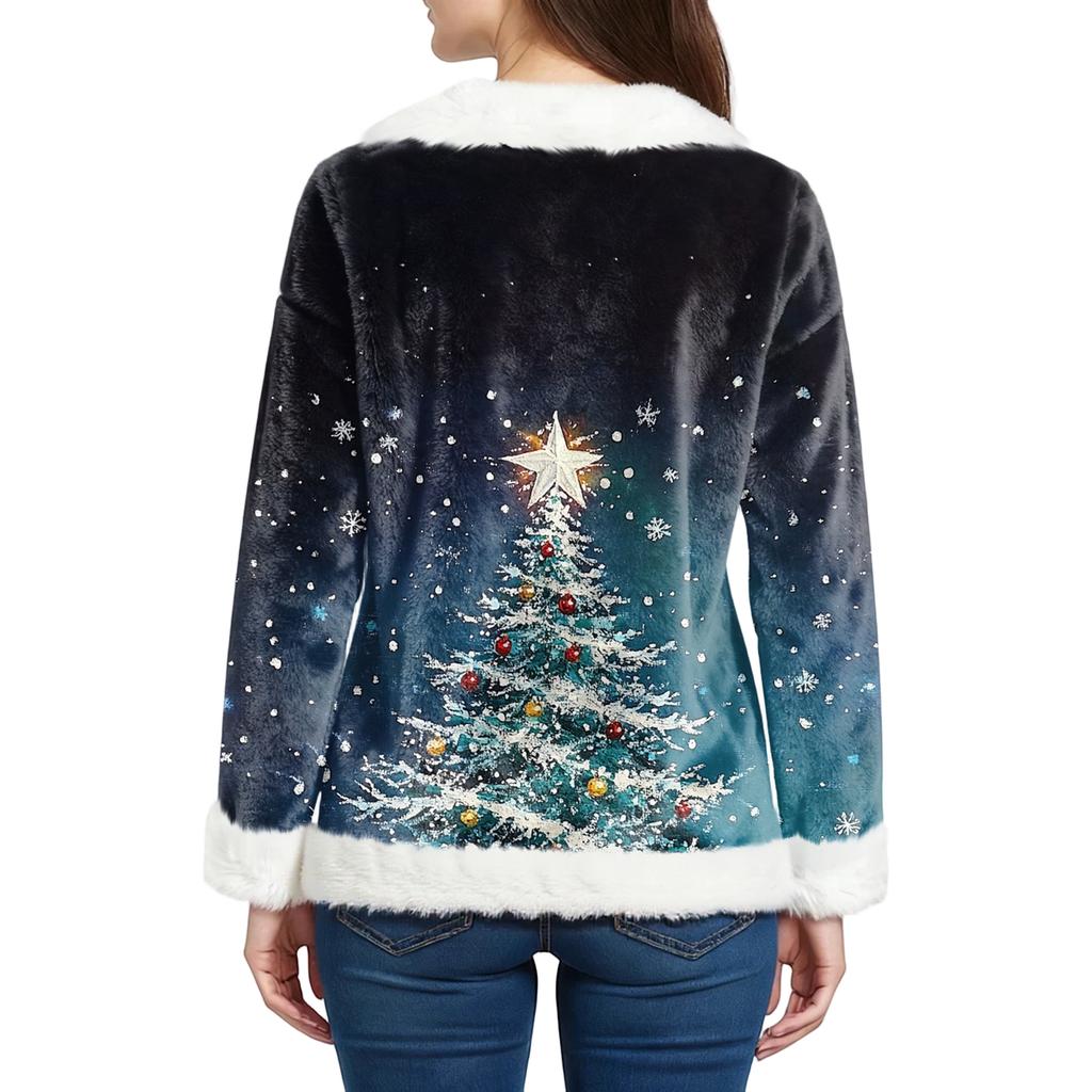 Women's Fashion Plush V Neck Pullover Top Long Sleeve Tee Christmas Printed Sweatshirt