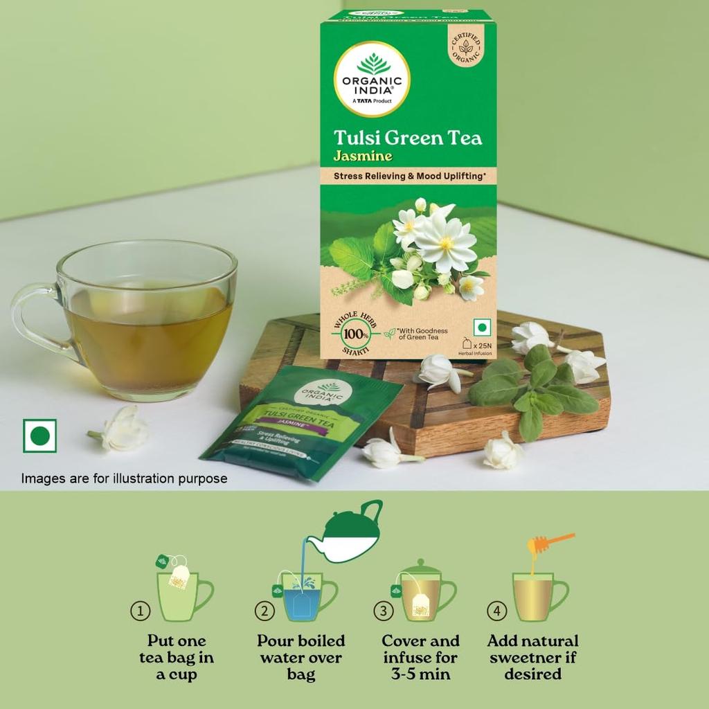 ORGANIC INDIA Tulsi Green Tea Jasmine by TATA – 25 Tea Bags, Soothing Aromatic Blend, Mood Uplifting, Antioxidant-Rich Herbal Tea