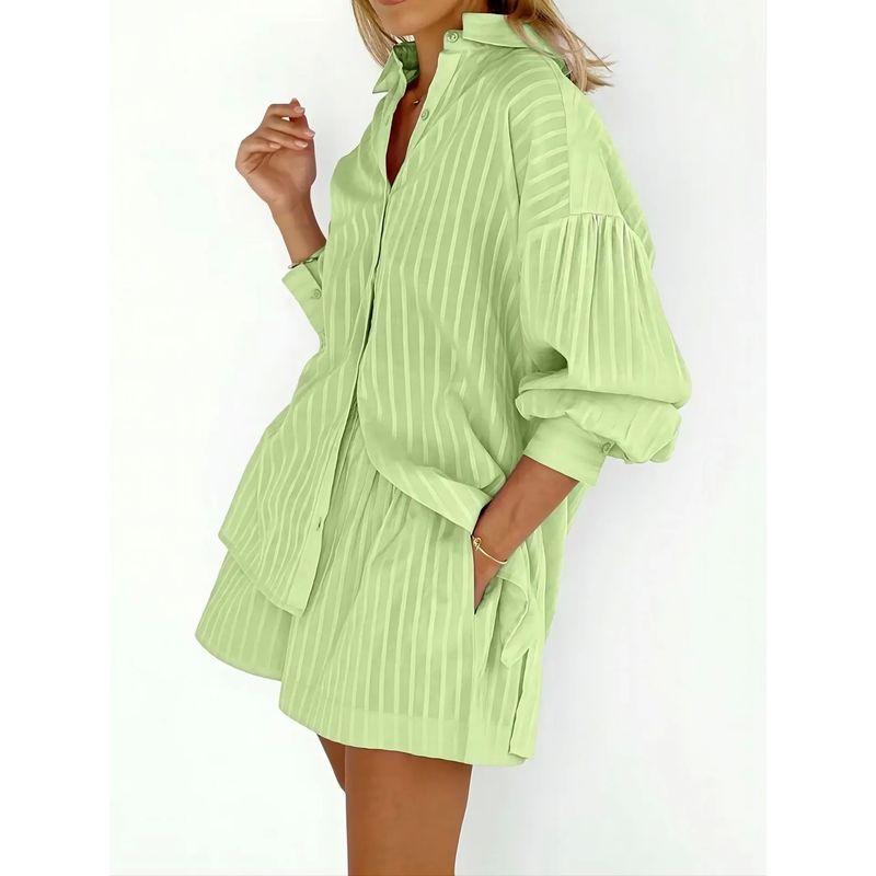 Striped Bubble Sleeve Shirt Shorts Set Stripes Puff Sleeve Shirt Shorts Suit