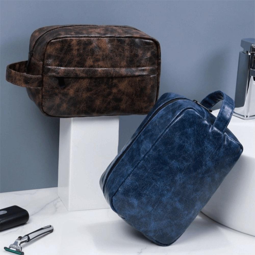 Waterproof Men Toiletry Bag PU Leather Large Capacity Cosmetic Bag Portable Design Simple Storage Shaving Tools Organizer