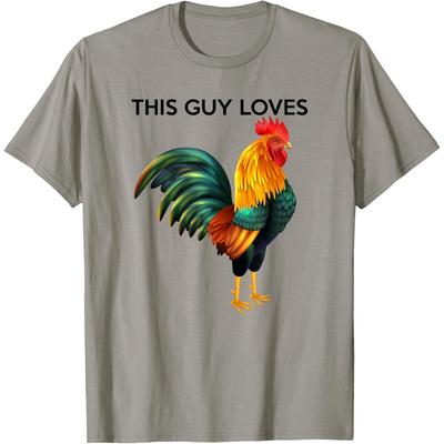 Funny Rooster Graphic Tee This Guy Loves Chicken Print Casual Cotton TShirt