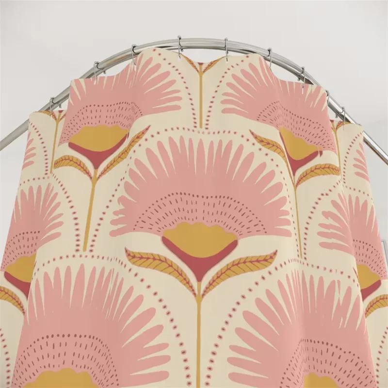 Art Deco Douchegordijn Vintage Badkamer Decor Geel Roze Douchegordijn Kunst Bloemenpatroon Art Nouveau Bad Decor Cadeau