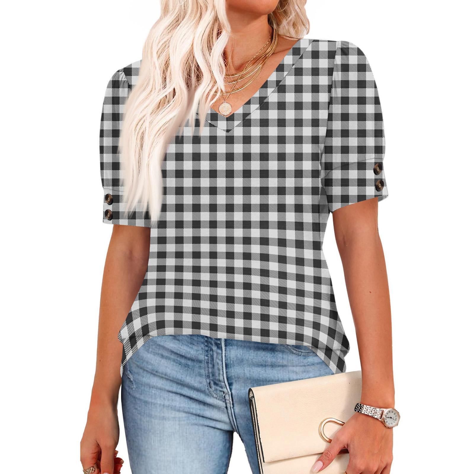 

Womens Tops Short Sleeve Shirts Buttons V Neck Fashion Outfits Blouses Casual XXL