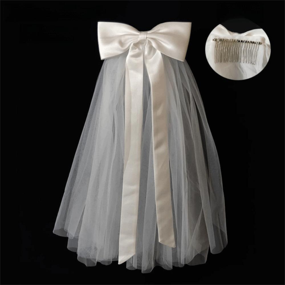 Elegant White Bridal Veil Bowknot Ribbon Double Layer Wedding Shawl Long Veil Bridal Headdress Wedding Party