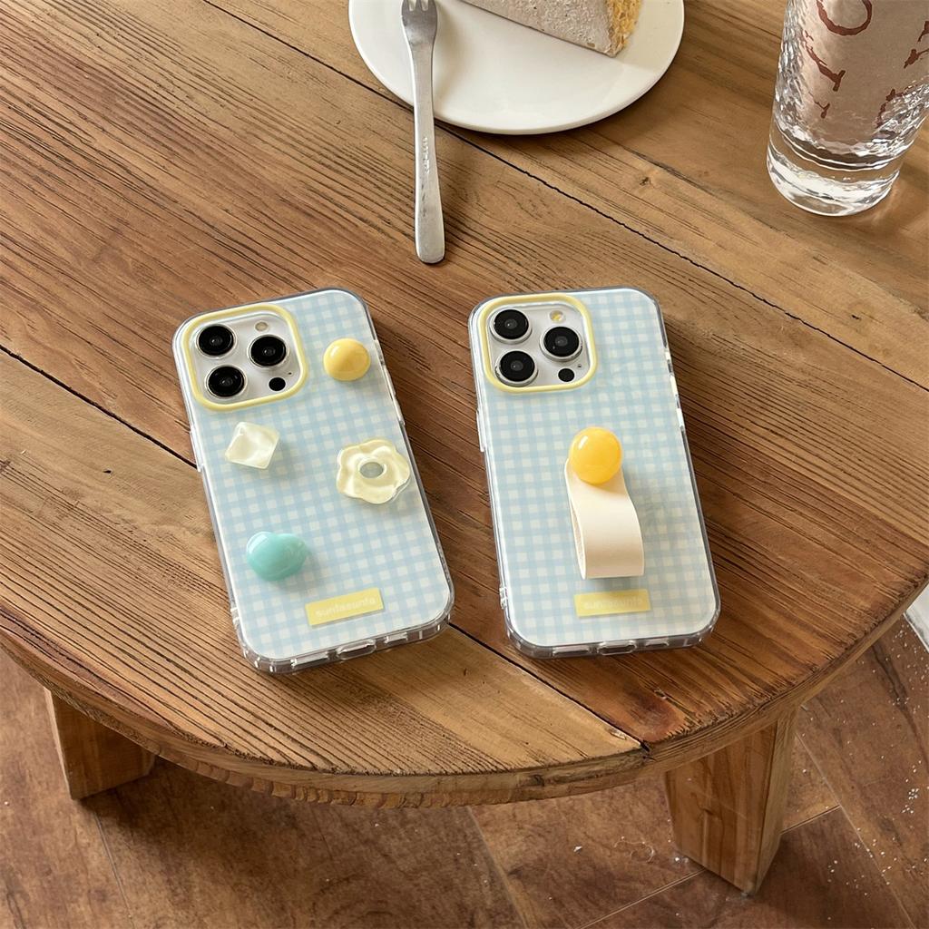 Cute Cartoon blue tartan 3D Cream Clear Phone Case For iPhone 16 15 14 13 Pro Max Bead love Soft Cover