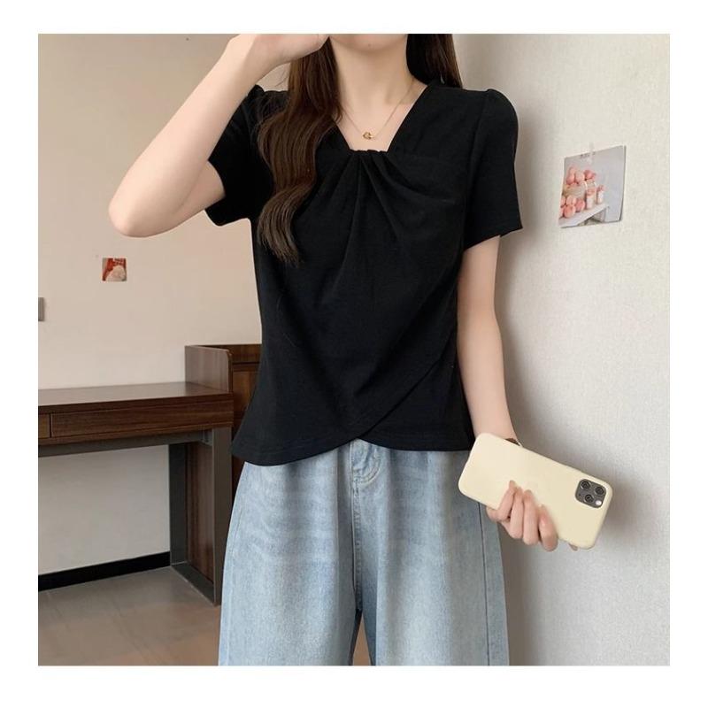 Summer New Temperament V-neck Short-sleeved T-shirt Women's Slim Casual and Versatile Top