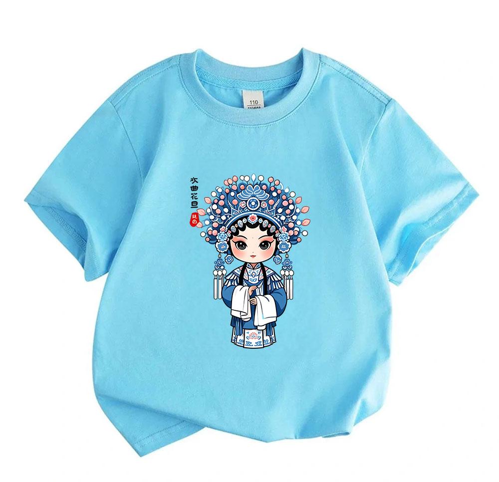 Kids Boys Girls 100% Cotton Crew Neck Short Sleeve T-Shirt, Cute Chinese Opera Hua Dan Q Version Cartoon Graphic Casual Soft Tee for Daily Wear