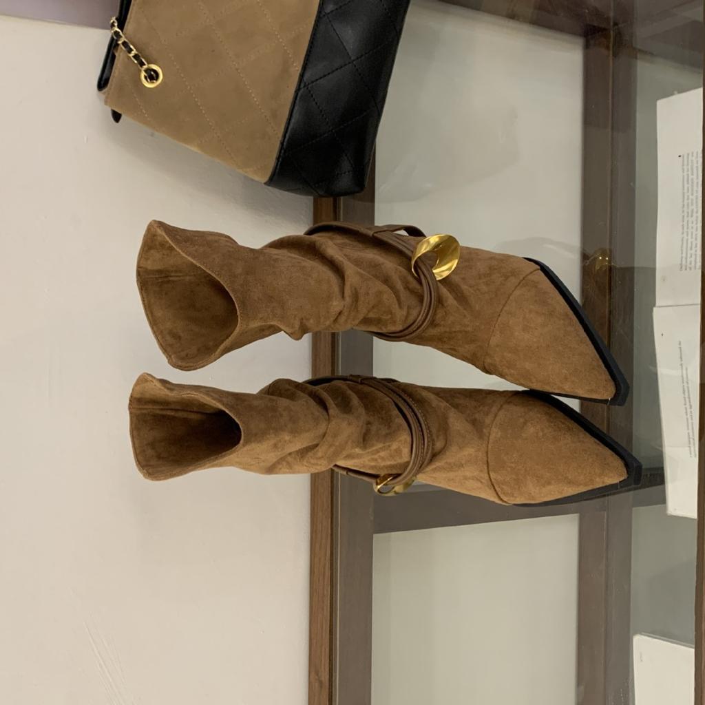 European and American Style New High-heeled Pointed-tipped Pleated Suede Piled Boots Metal Buckle Strap One-pedal Fashion Women's Boots Short Boots