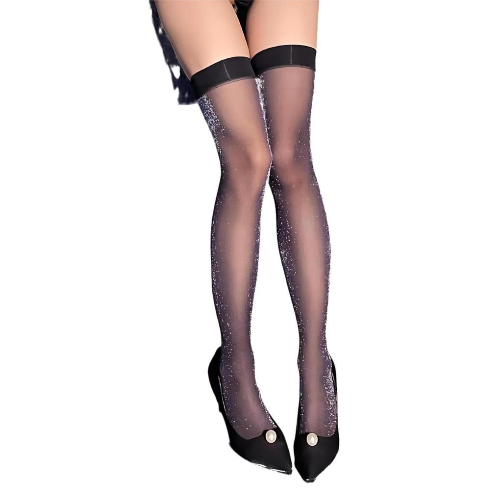 Pearlescent Silky Black Clubwear Stockings, Ultra-Thin Sexy High Socks