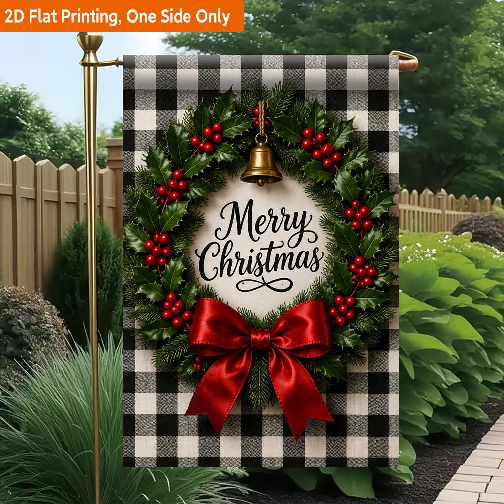 2D Flat, 2D Flat Printing Garden Flag 1pc, Christmas Wreath with Red Bow Durable Single-Sided Print Yard Flag, Garden & Home Holiday Decoration, 29.97