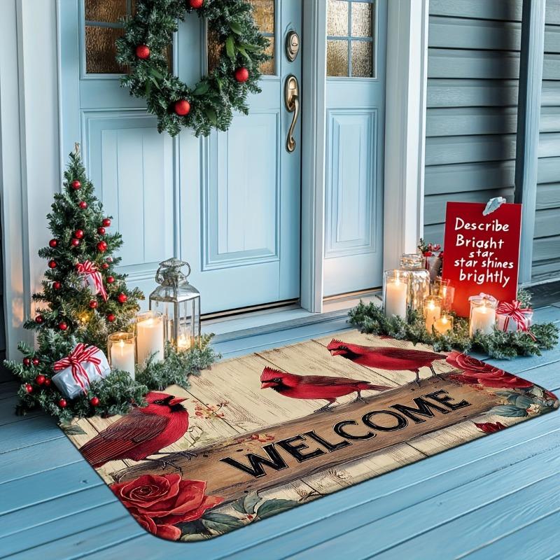 Christmas-Themed Red Cardinal Rose Doormat with Festive for Kitchen Bathroom and Home Entrance Decor Festive Mat Decorations