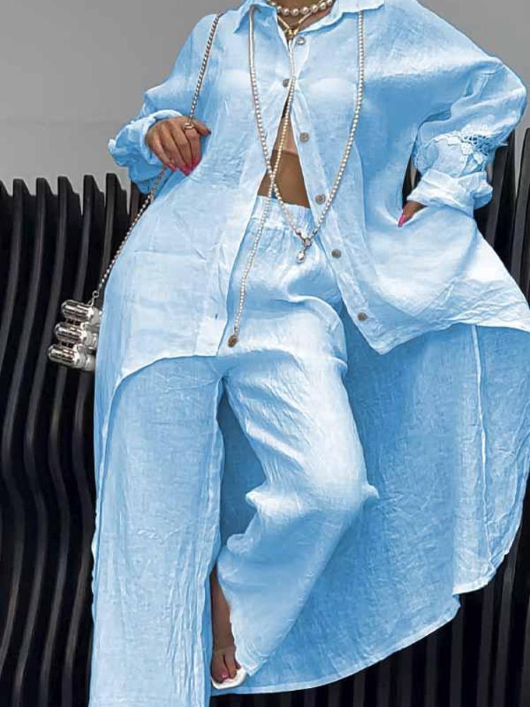 

Женский свободный белый рубашечный костюм с широкими брюками, повседневный шикарный наряд 5XL небесно-голубой