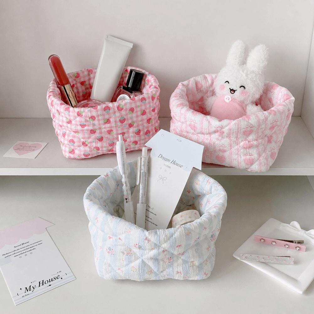 Quilted Fabric Desktop Storage Basket Large Capacity Fabric Storage Bin Cosmetics