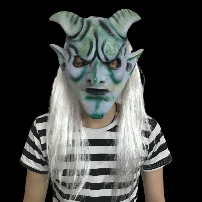 Silver-haired mask, Halloween horror ghost face costume prop, latex headgear, wig, masquerade, Silver Horned King