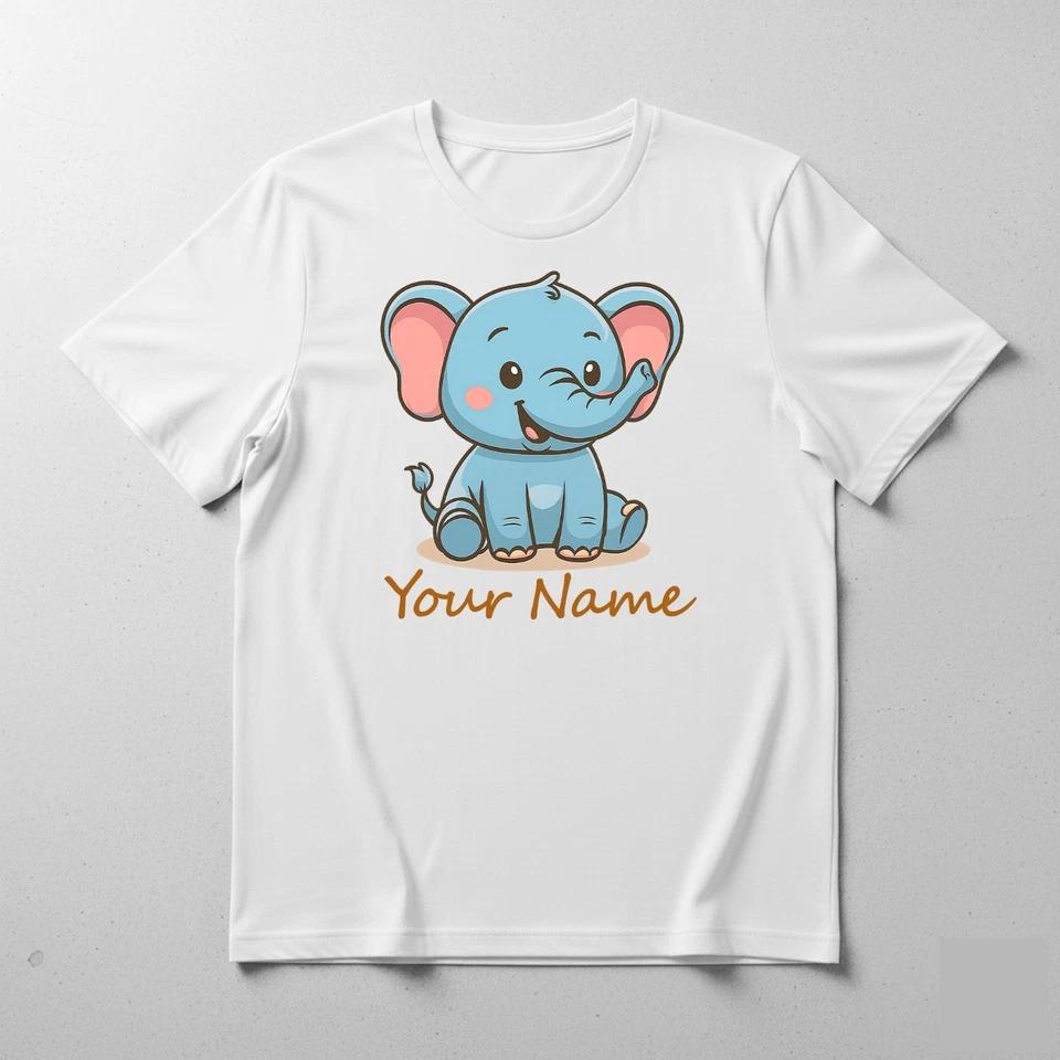 Personalised Kids T-Shirt Custom Name Cute Elephant Print Birthday Gift Boy Girl 100