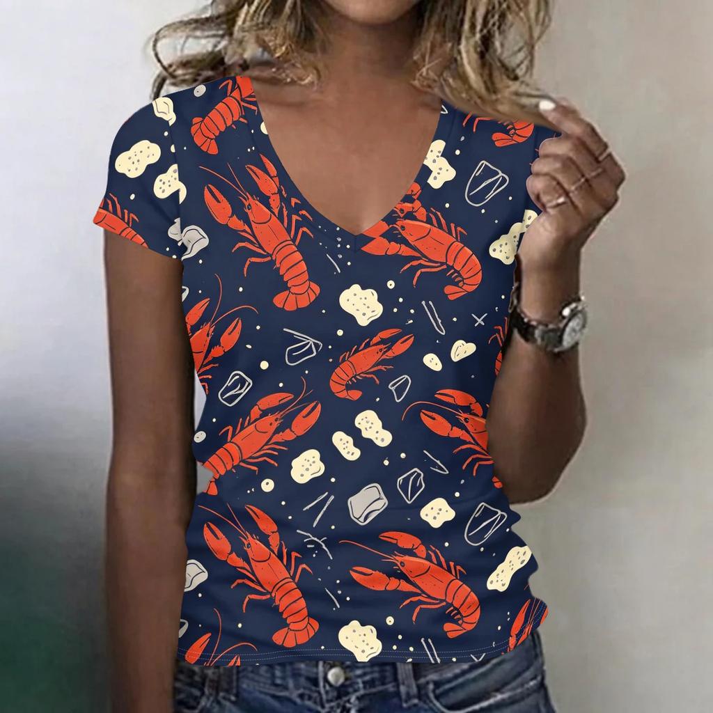 Women's Casual V Neck T Shirt Lobster and Beer Print Short Sleeve Lightweight Summer Top for Everyday Wear