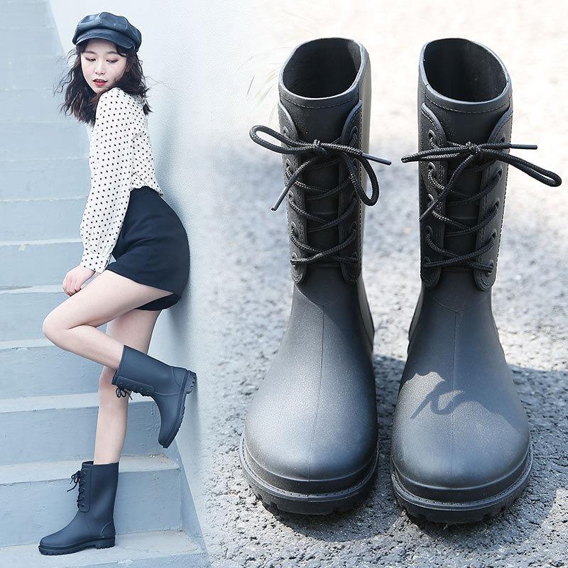 Material Medium tube rain boots women's non-slip water boots fashion rubber shoes overshoes riding boots lightweight outdoor rain shoes