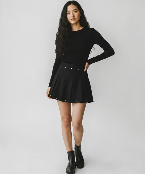 Bonseullipi Crystal Stud Pleated Mini Skirt (Black)
