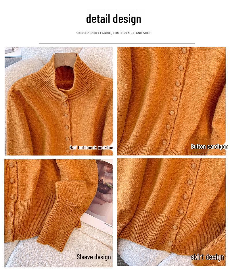 Solid Color Button-Up Knit Cardigan for Women: Loose, Casual, High Neck, Dropped Shoulder, Autumn/Winter Design.