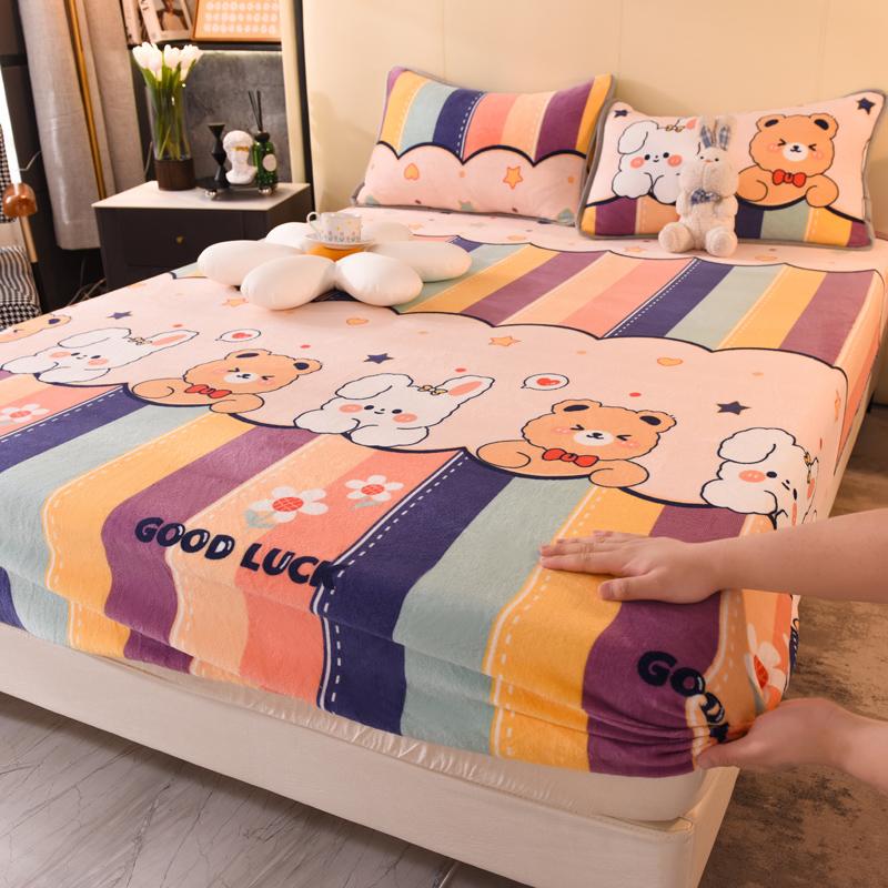 Winter Warm Thicken Flannel Elastic Fitted Sheet Mattress Protector Cover Cartoon Print Plush Soft Cozy Bed Sheet Home Decor