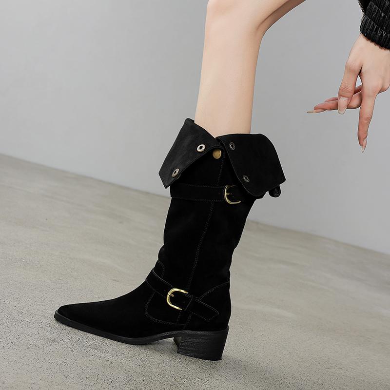 Fashion 2025 New Size 34-40 Knee High Boots for Women Genuine Leather Cow Suede Square Heels Winter Shoes Women Long Tall Sexy Boots