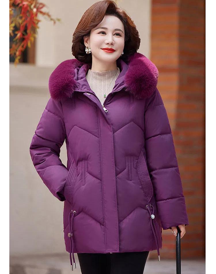 Jaqueta Feminina de Outono e Inverno Cor Sólida com Capuz Gola de Pele Moda Solta Espessa à Prova de Vento Comprimento Médio Jaqueta de Mãe