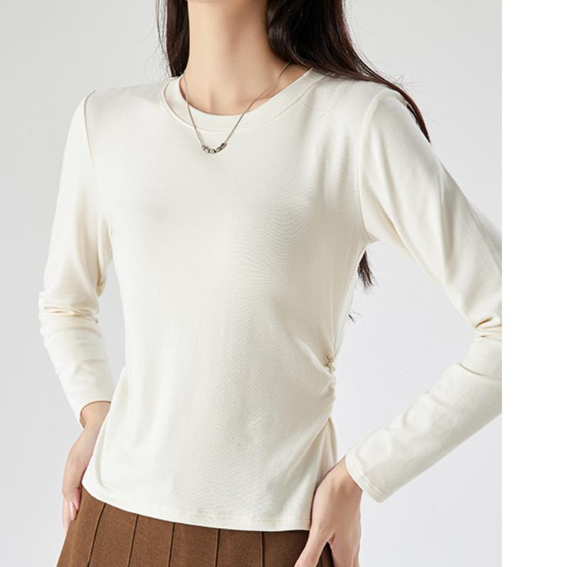 

New Design Pleated Waist Hot Girl Long-sleeved Top for Women In Autumn and Winter Round Neck Straight Shoulder Bottoming Shirt T-shirt 2XL