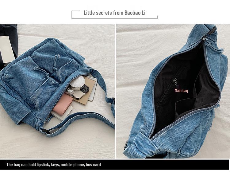 Wszechstronna torba na ramię i crossbody z teksturowanego spranego denimu 2025 z wieloma kieszeniami